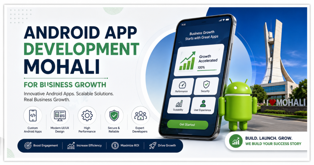 Android App Development Mohali for Business Growth banner featuring a smartphone displaying business app analytics, Android mascot, Mohali landmark, and icons representing custom app development, UI/UX design, security, scalability, and expert developers.