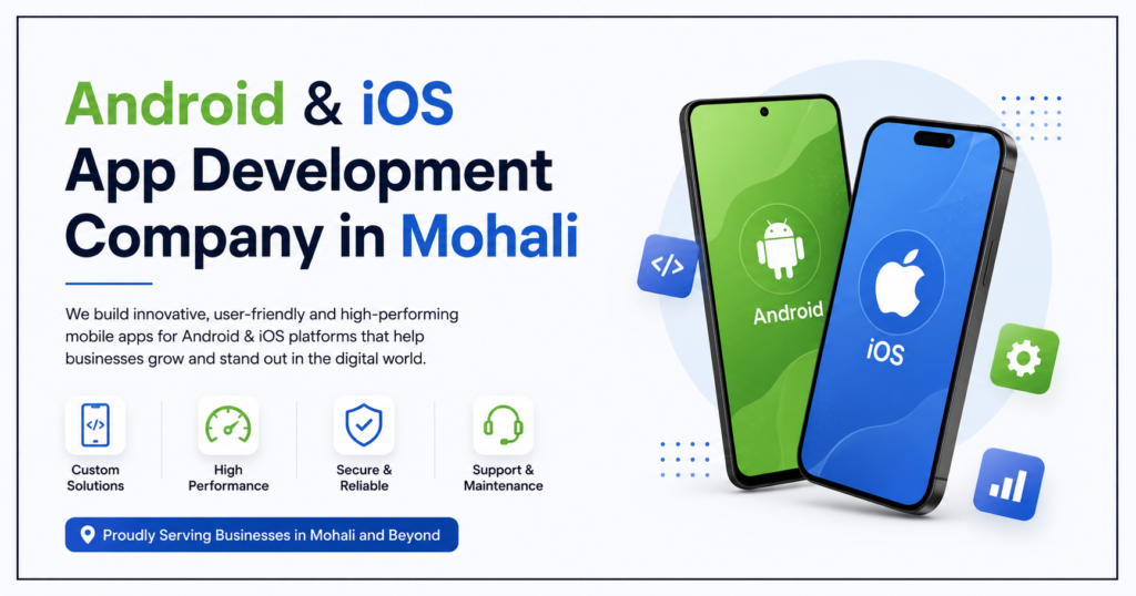 Professional promotional banner for an Android & iOS app development company in Mohali. The design features large headline text on the left, showcasing mobile app development services for Android and iOS platforms. On the right, two modern smartphones display Android and iOS branding, surrounded by app development and technology icons. The layout uses a clean white background with blue and green accents, service highlights, and ample spacing between text and borders for a polished, modern appearance.