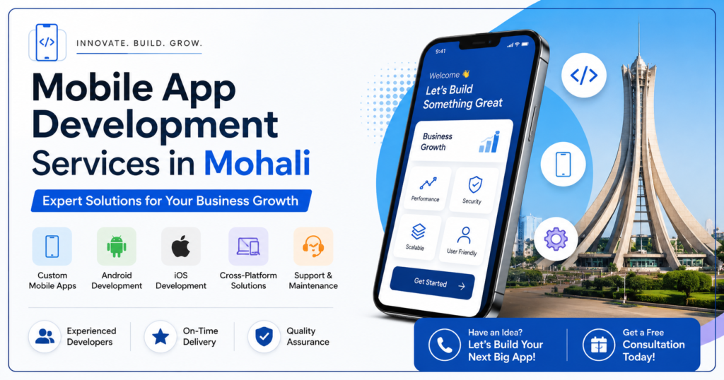 Professional banner showcasing Mobile App Development Services in Mohali with a smartphone app interface, Android and iOS development icons, cross-platform solutions, and business growth features.