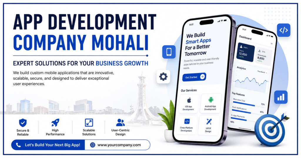 App Development Company Mohali banner showcasing expert custom Android, iOS, and cross-platform app development solutions with modern smartphone mockups and business growth elements.